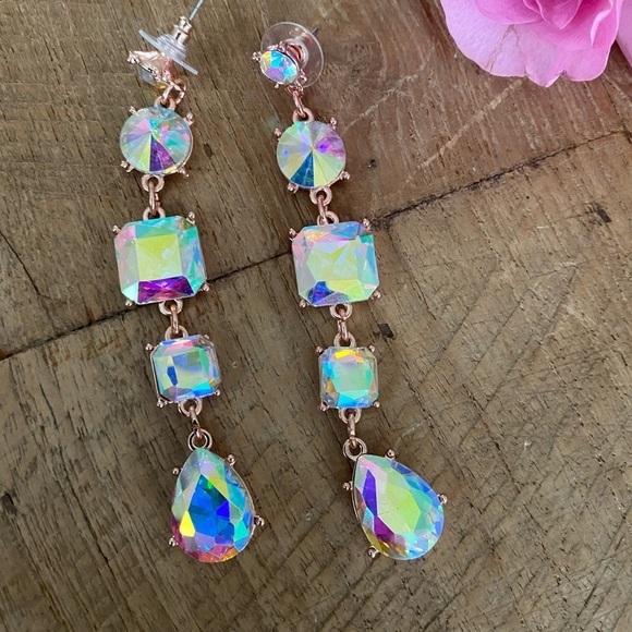 Jewelry - Rhinestone Statement Earrings Aurora Borealis VERY sparkly Spring Rose Gold Tone